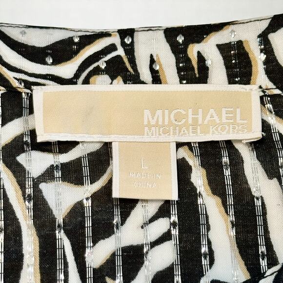 Michael Kors Black Zebra Print Button Up Blouse Large Tunic Top Tie Front V Neck - Picture 3 of 10